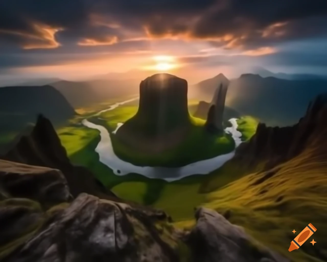 Majestic mountain range towering over winding river