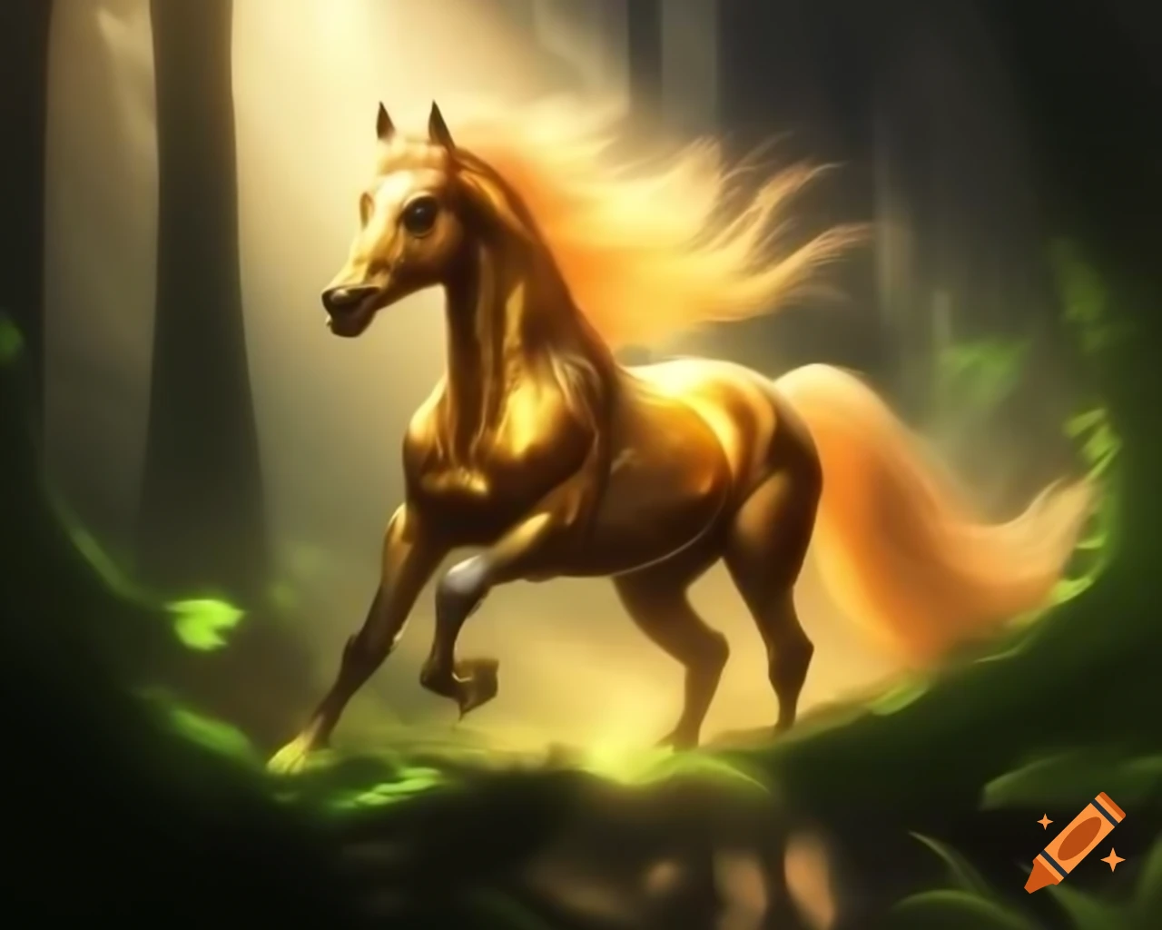 Majestic amber stallion in enchanted woodland shining in sunlight