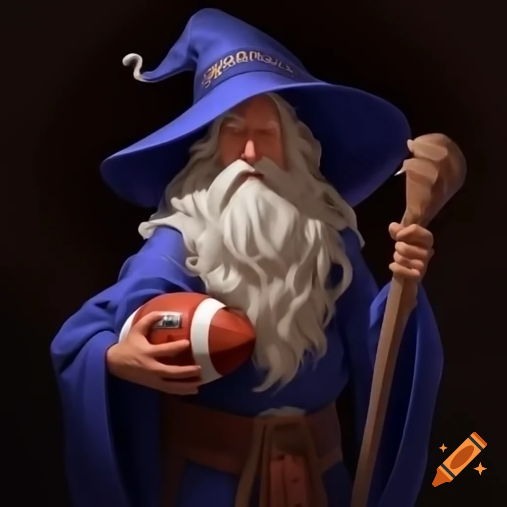 Wizard holding a football, blending fantasy and sports