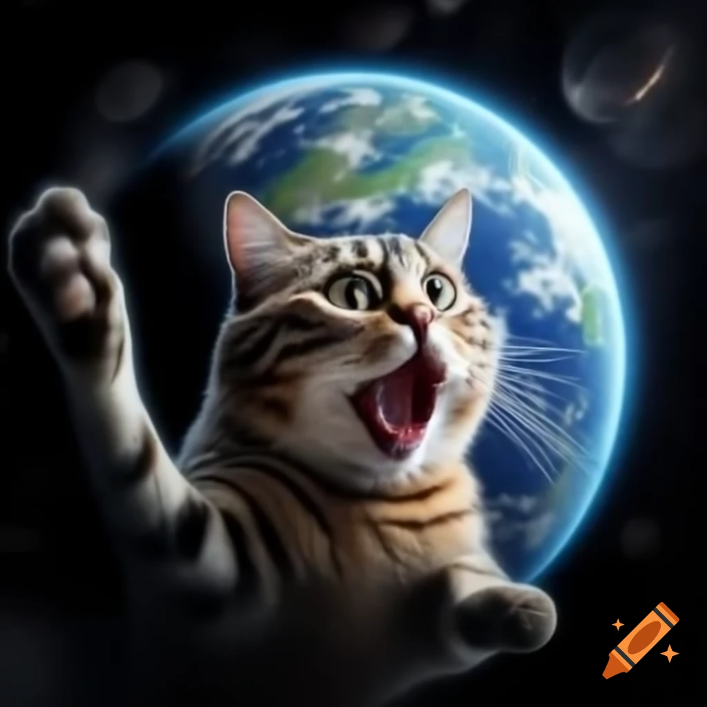 Scared cat clinging to planet Earth