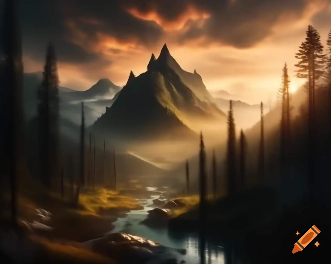 Majestic mountain range towering over winding river