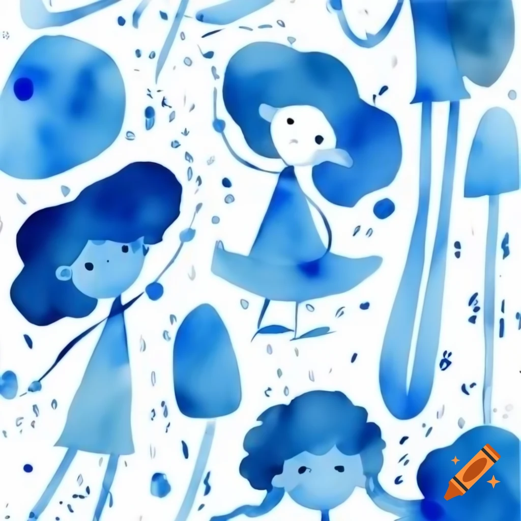 Abstract watercolor of children playing in blue and grey tones