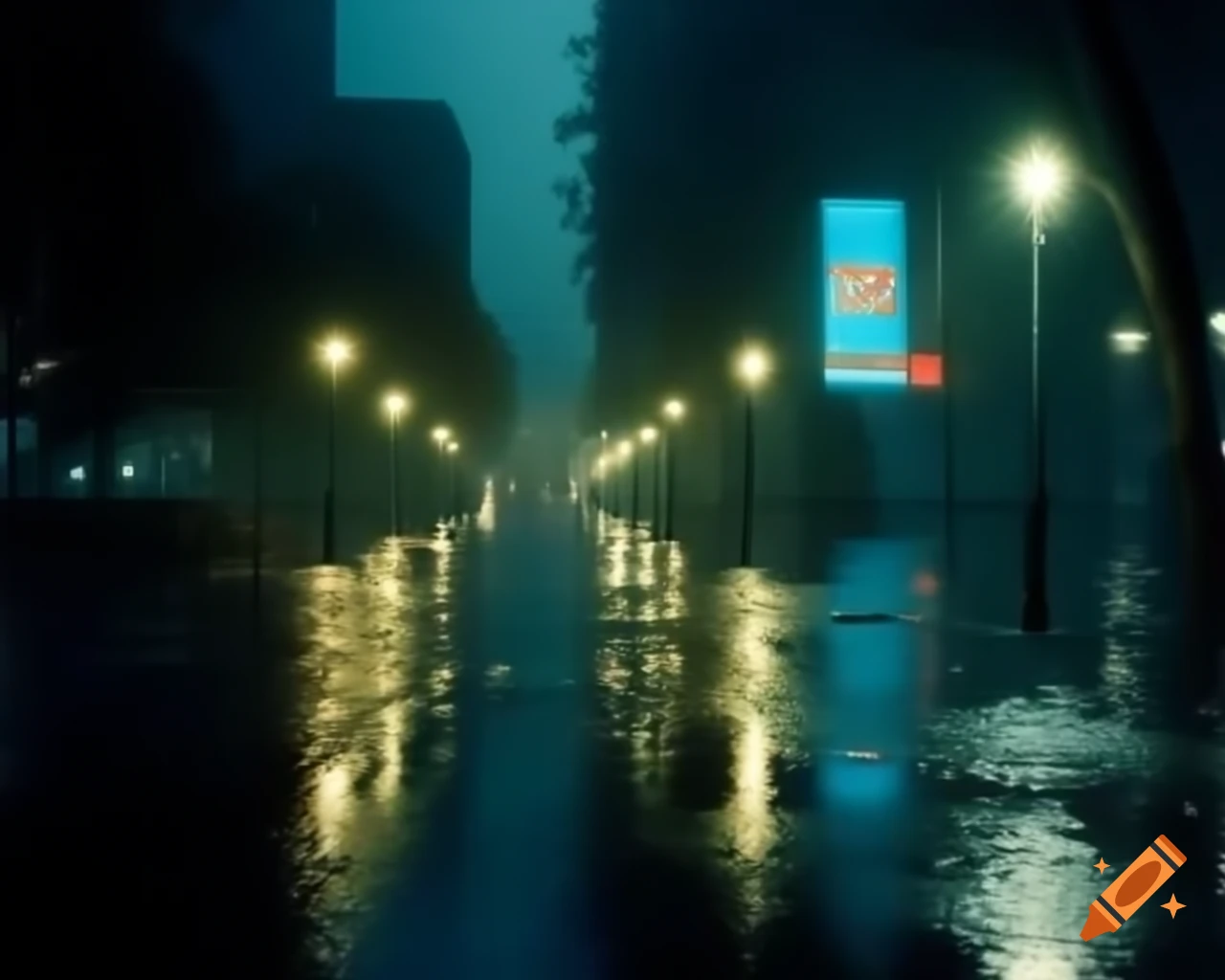 Urban park scene in rain with reflections of street lamps and misty city buildings
