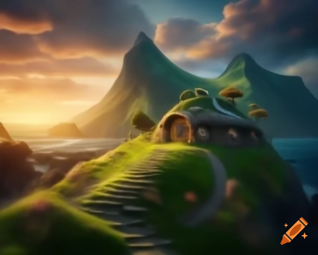 Hobbit house on a mountain with sea view at sunset