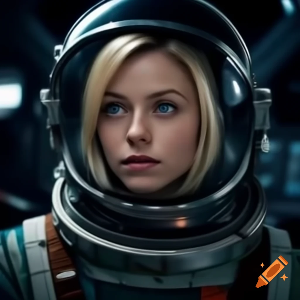 Young woman in spacesuit and helmet inside starship cockpit, highly detailed