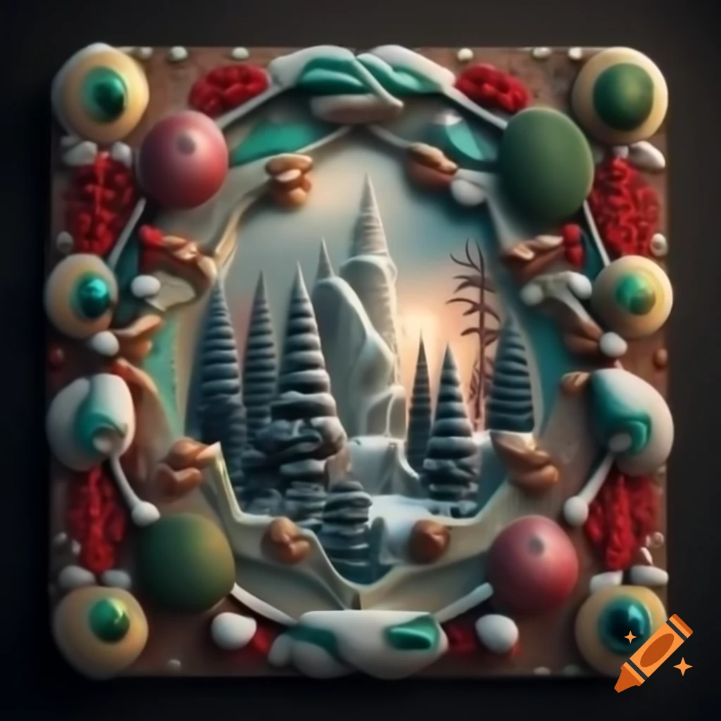 3D illustration of Christmas forest scene with Native Salish and Russian fairytale motifs