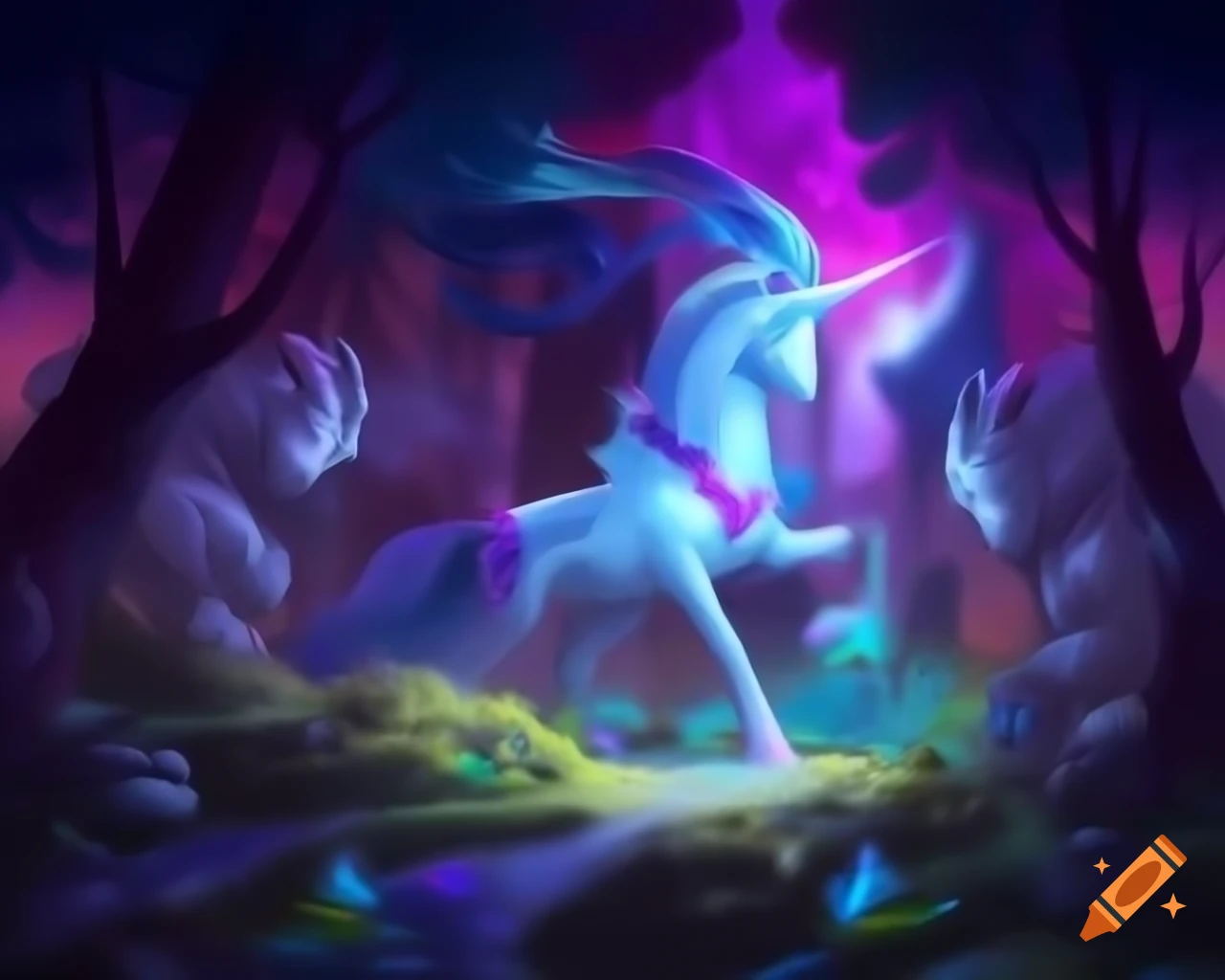 Mystical forest filled with mythical creatures and vibrant trees
