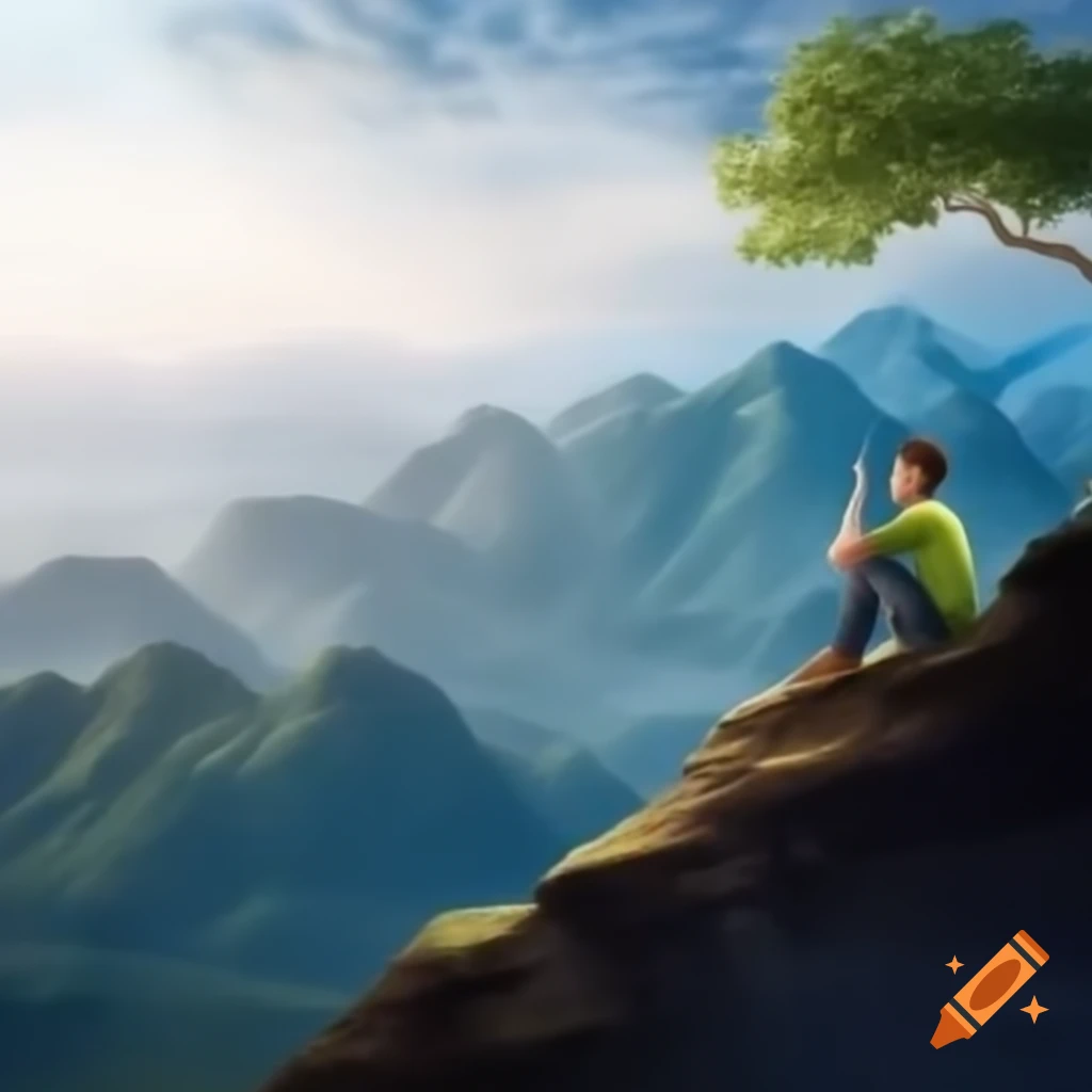 Young person in green shirt sitting on cliff contemplating vast landscape