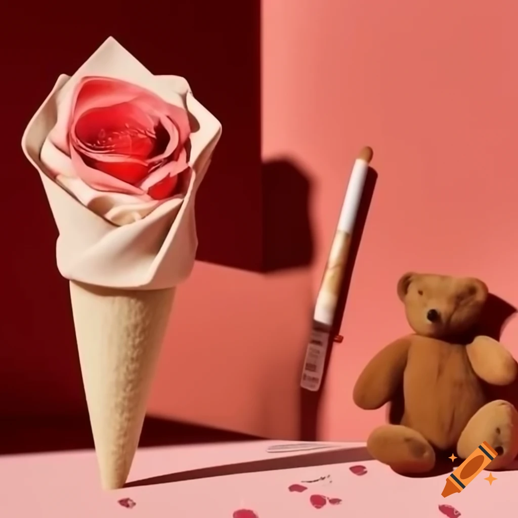 Foreground of rose and vanilla cone, teddy bear enjoying a relaxed moment