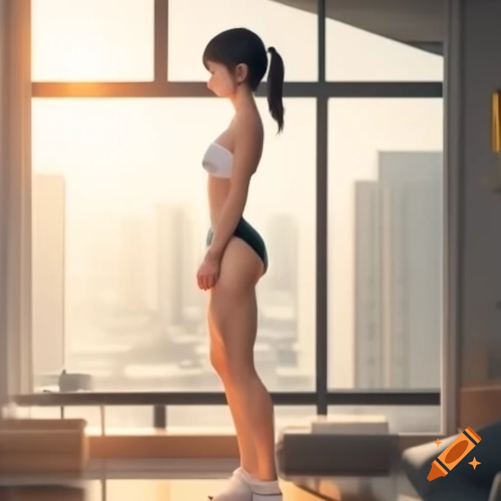Close-up of Japanese female in modern Tokyo apartment with a large window