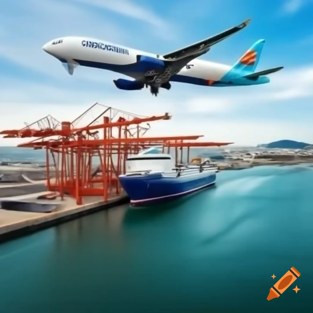 Airport, seaport, and bus stop with airplane, boat, and bus