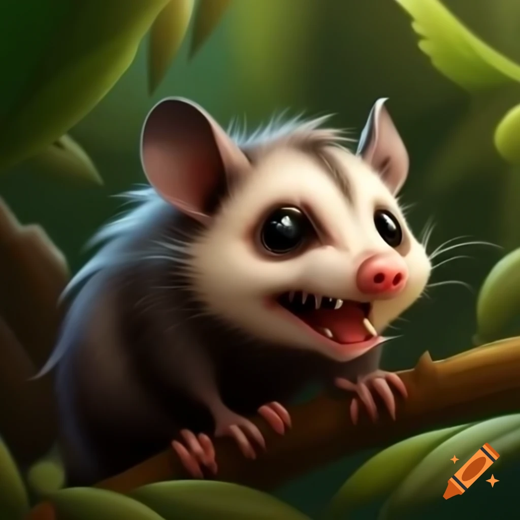 Cartoon opossum character with large expressive eyes and a wide smile