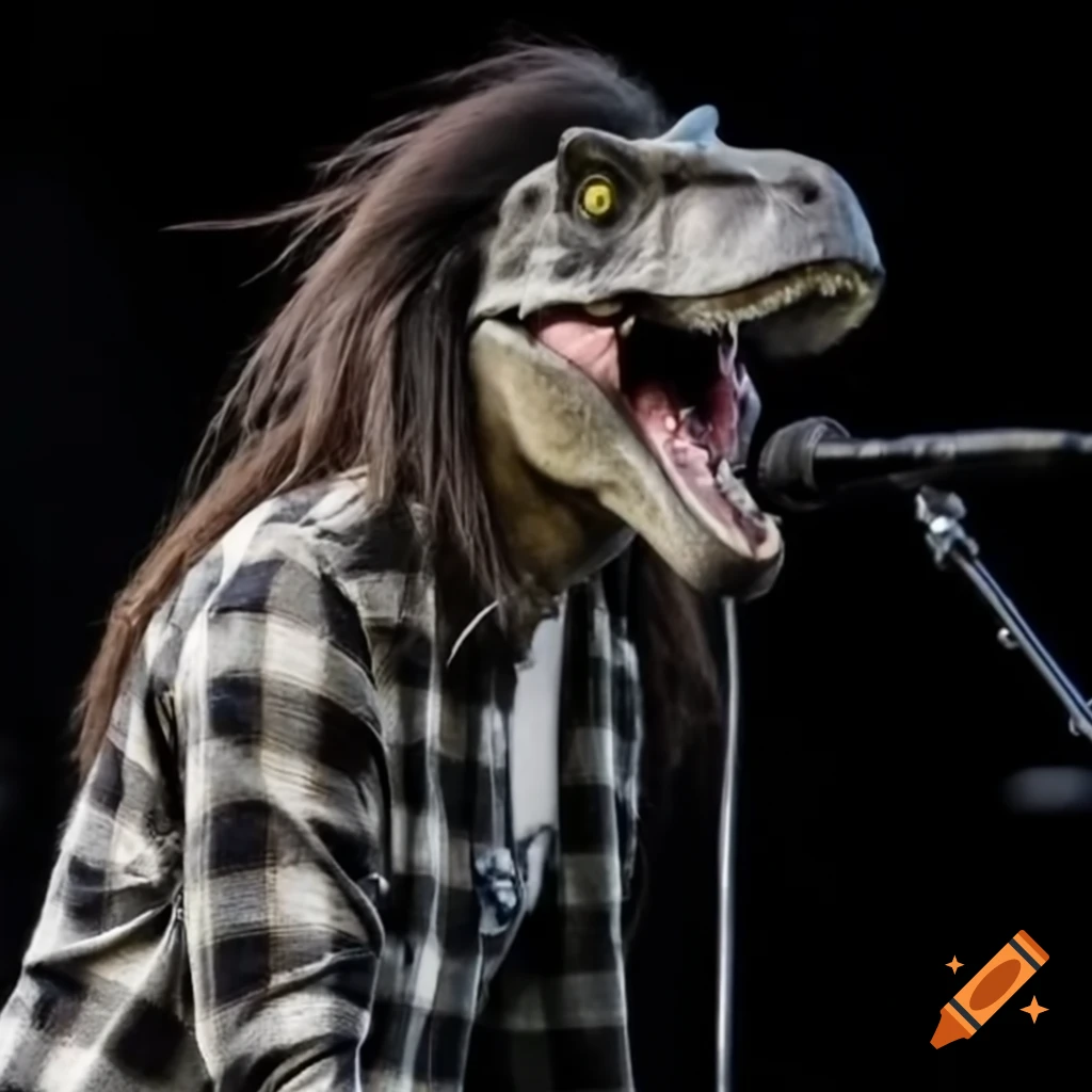 Dinosaur with grunge hair in flannel shirt singing into microphone