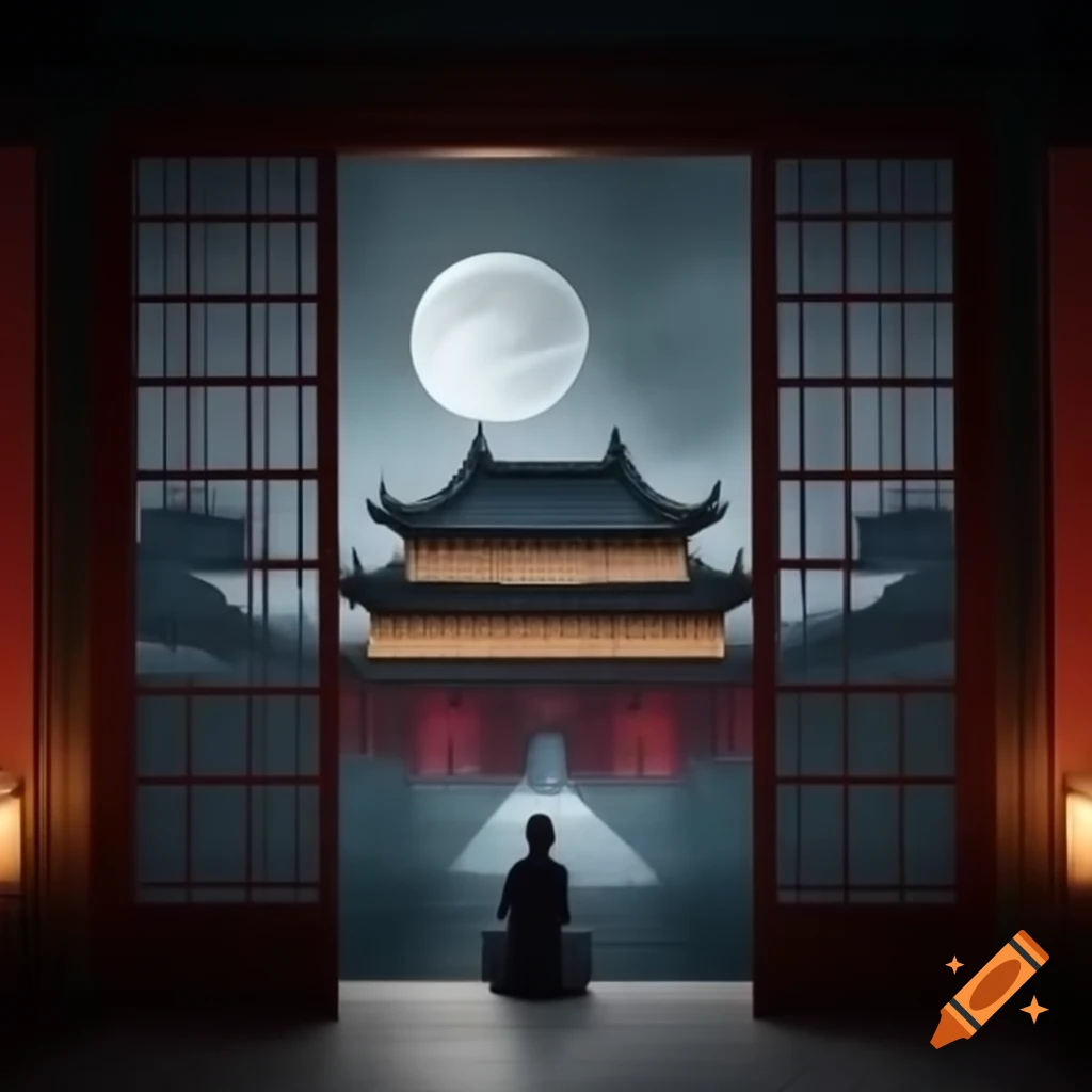 Chinese palace at night with full moon and open window