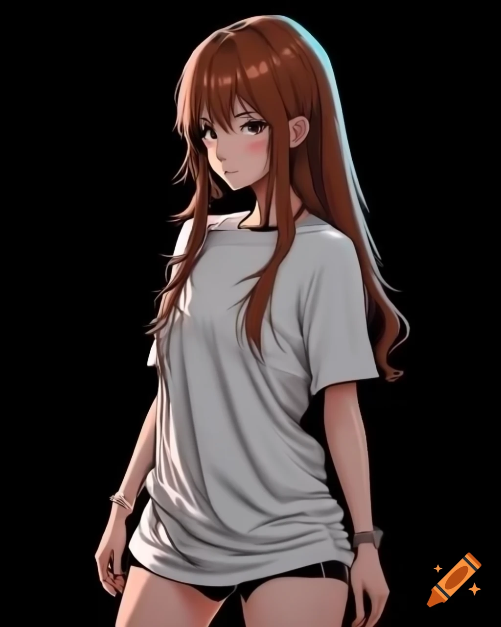 Cyberpunk anime girl with chestnut hair in t-shirt and shorts against black background