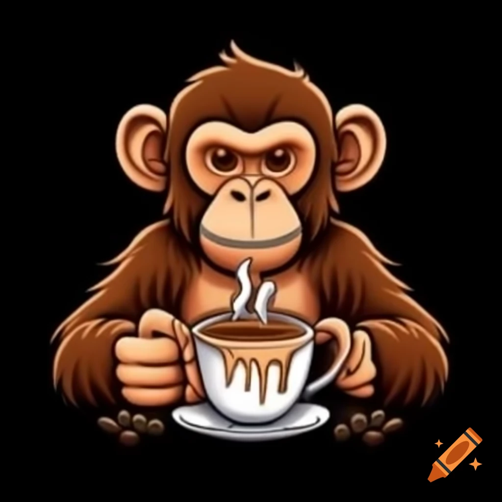 Monkey with coffee cup wearing mushroom t-shirt