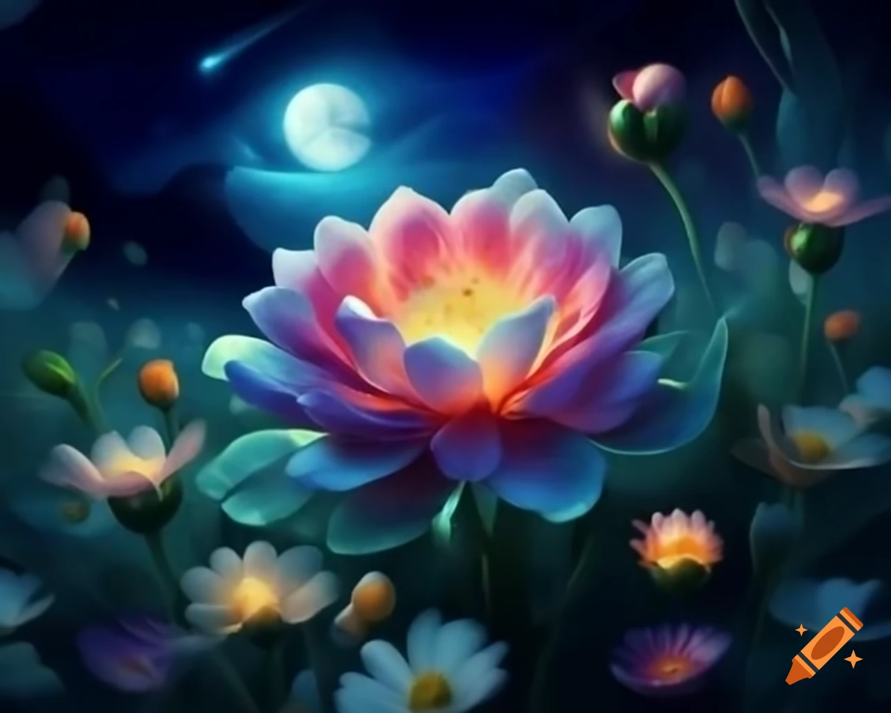 Aurora colored flower blooming under night sky with auroras and full moon