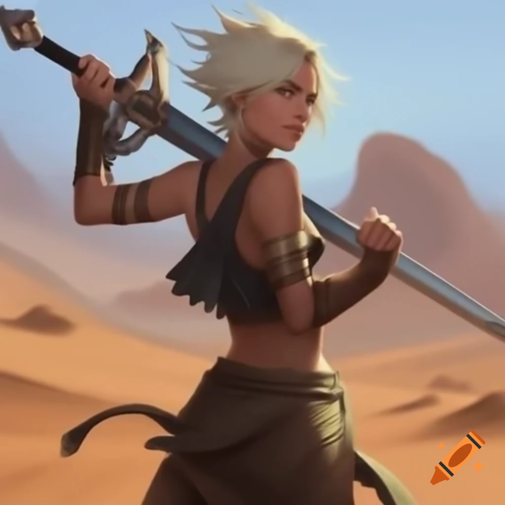 Divine woman in rags with prosthetic arm running in desert, swinging black sword