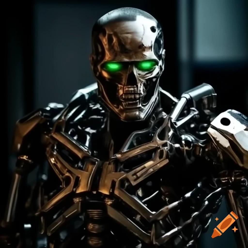 Enhanced Terminator endoskeleton with glowing green eyes and rugged design