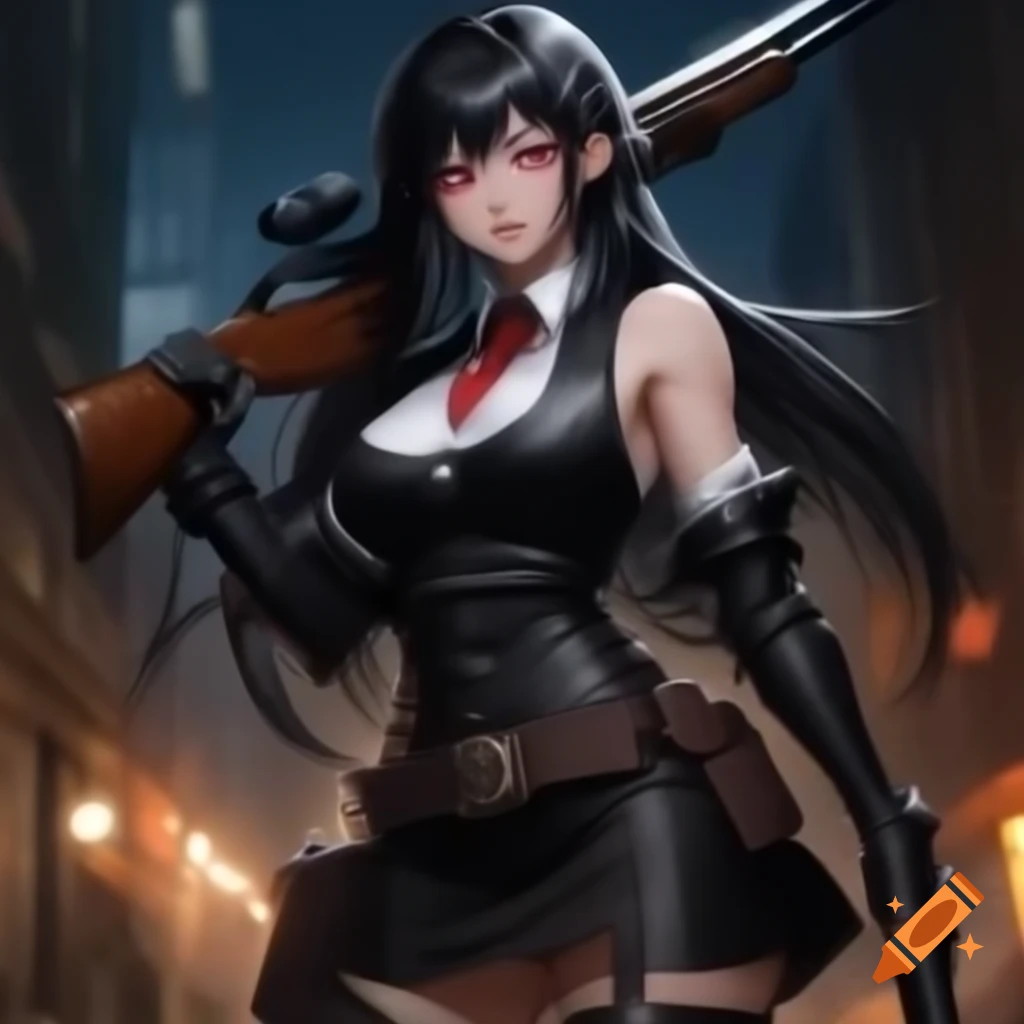 Game art of woman in formal black outfit with red accessories and black gloves