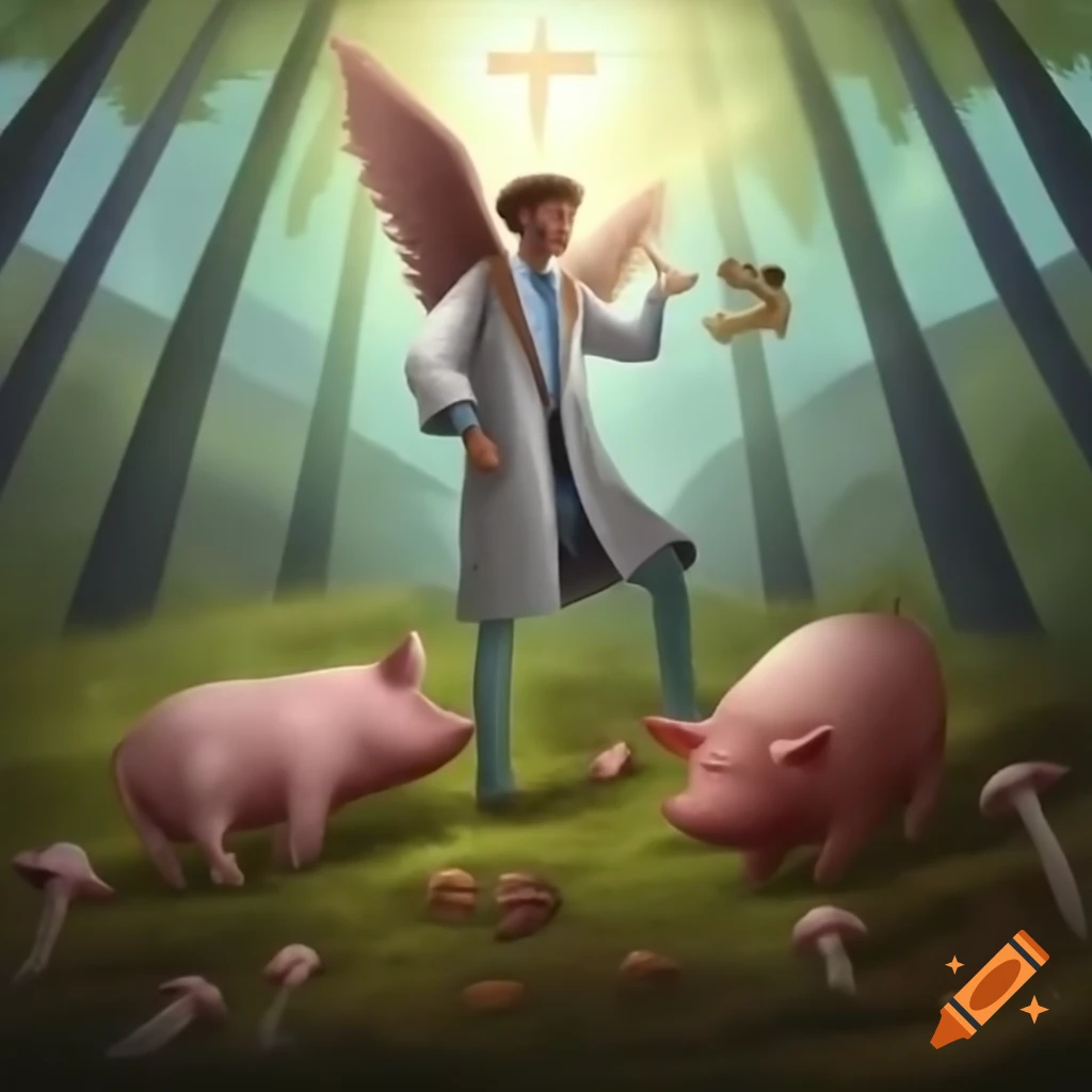 Doctor battling an angel in a mushroom land with a pig as pet
