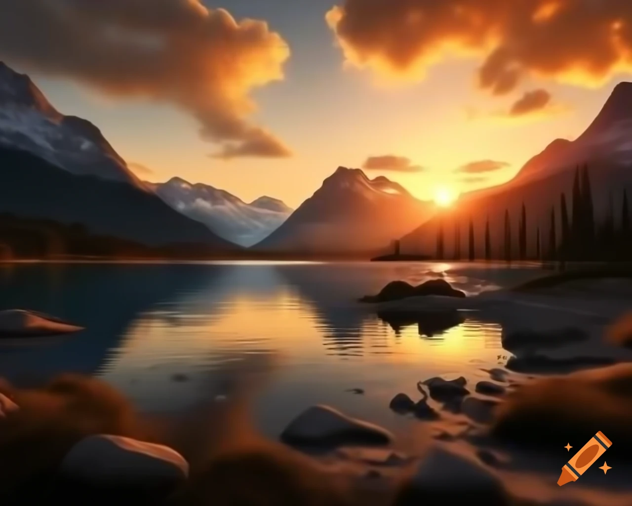 Photorealistic 3D render of mountain lake at sunset with island in background
