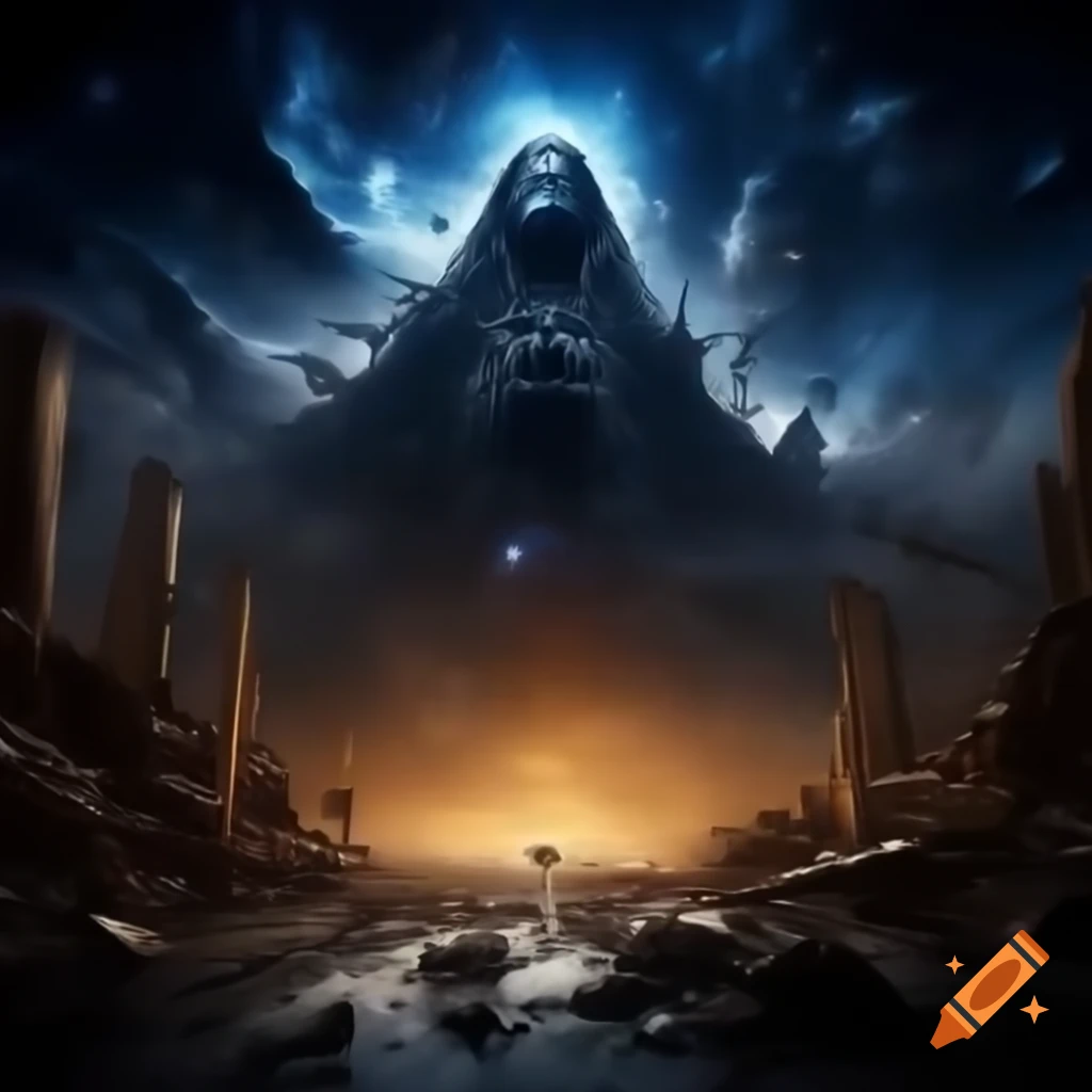 Surreal cosmic dream war aftermath with ruins and destruction, suggesting mystery