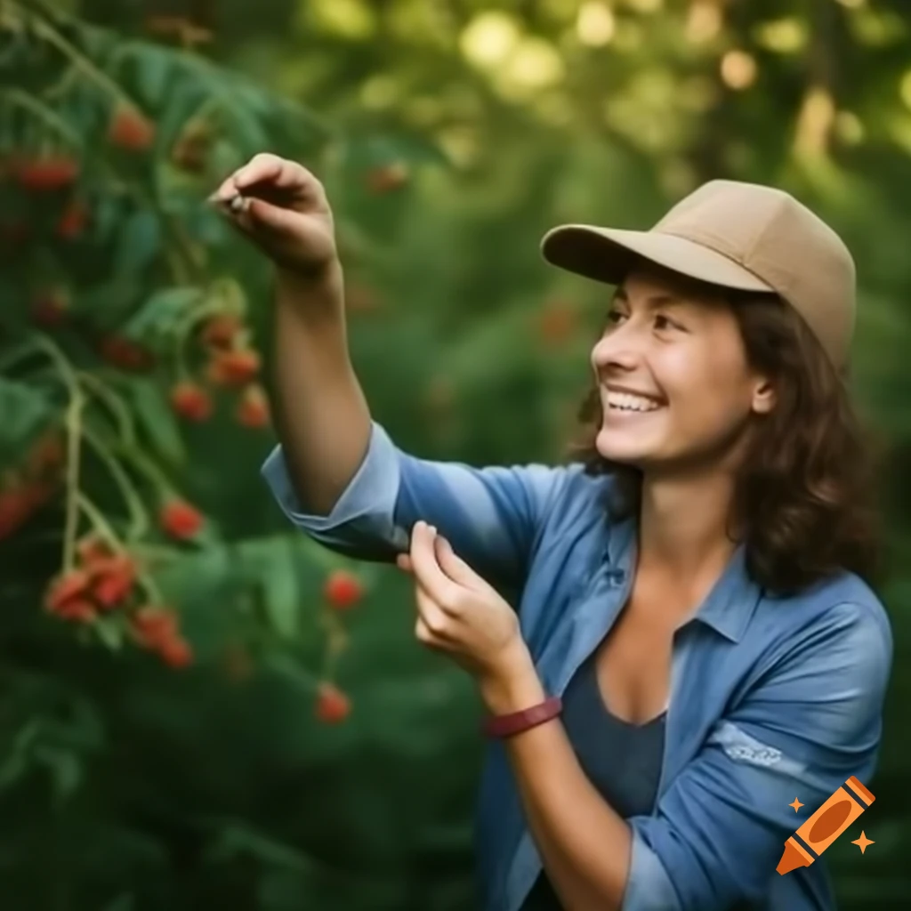 Happy woman picking wildberries in daytime forest