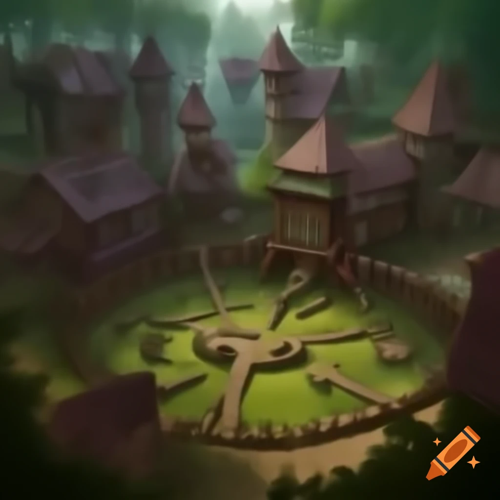 Medieval fantasy training grounds with weapons and armor