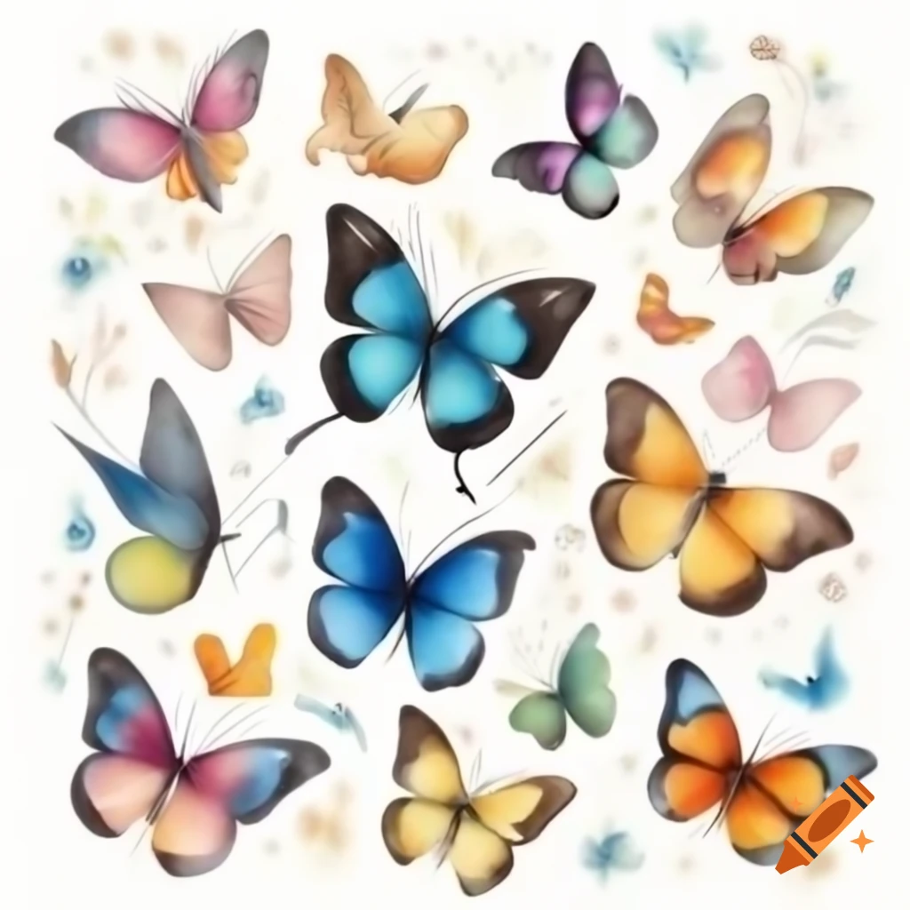 Watercolor depiction of colorful butterflies