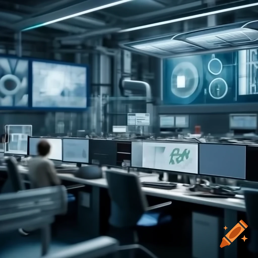 High-tech chemical plant control room with modern panels and engineers