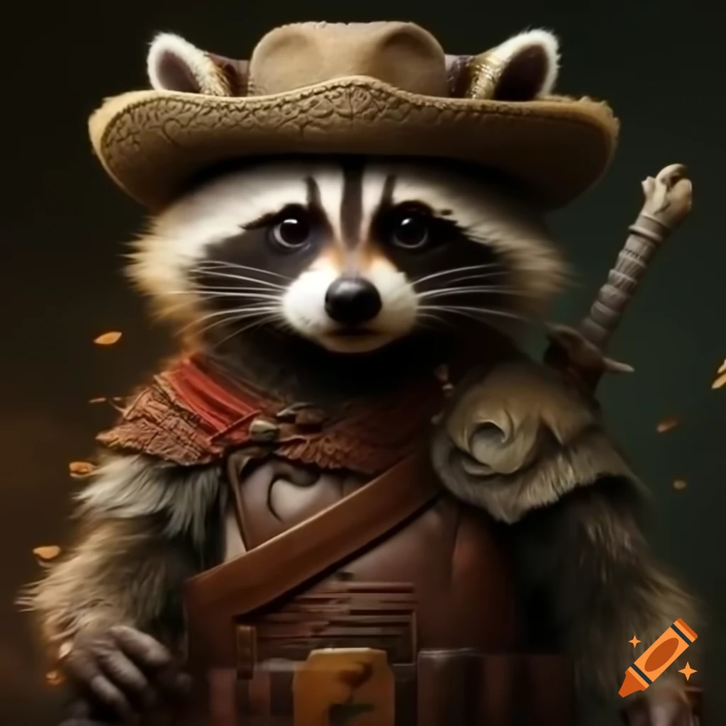 Raccoon wearing eye patch and sombrero, wielding sword in trash armor