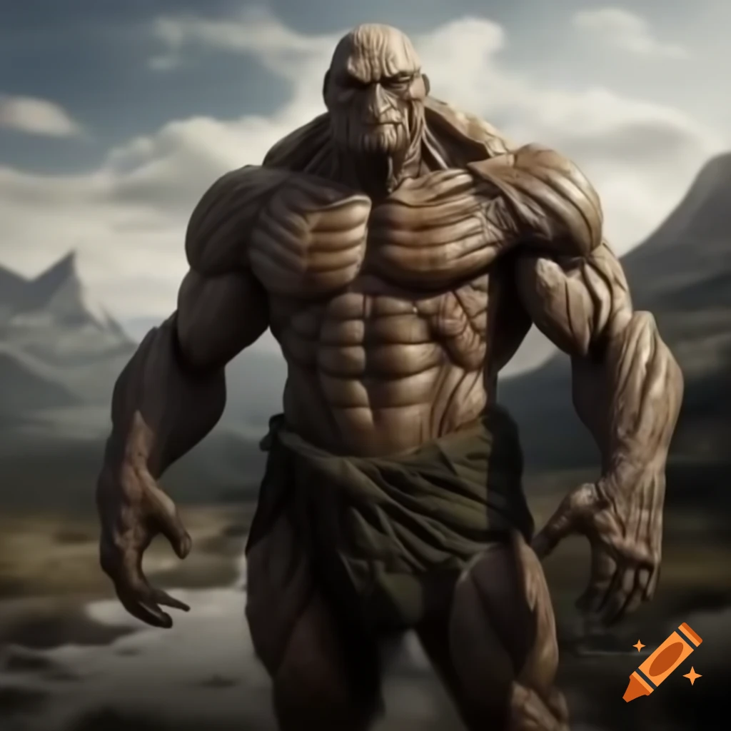 Muscular figure Rygor blending with rocky landscape in earthy tones