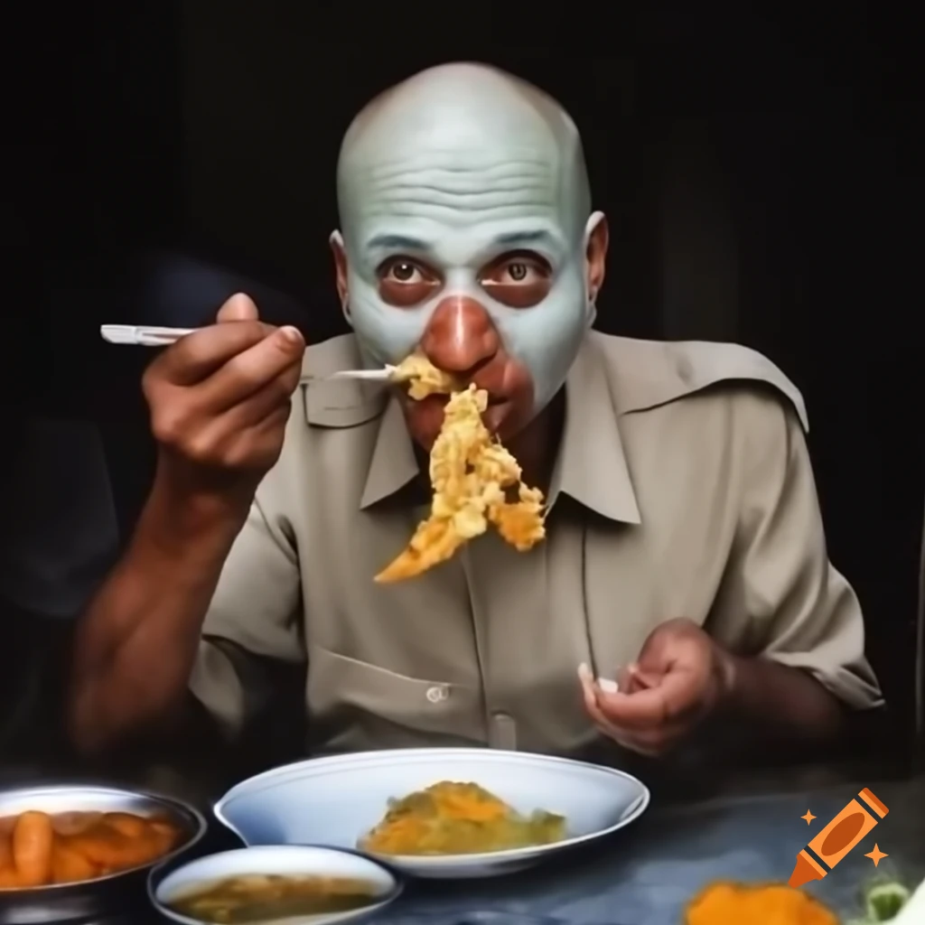 Bald middle-aged man with duck-like features enjoying Indian food