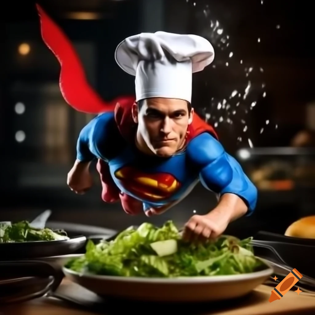 Superman in chef hat flying in salad cooking show