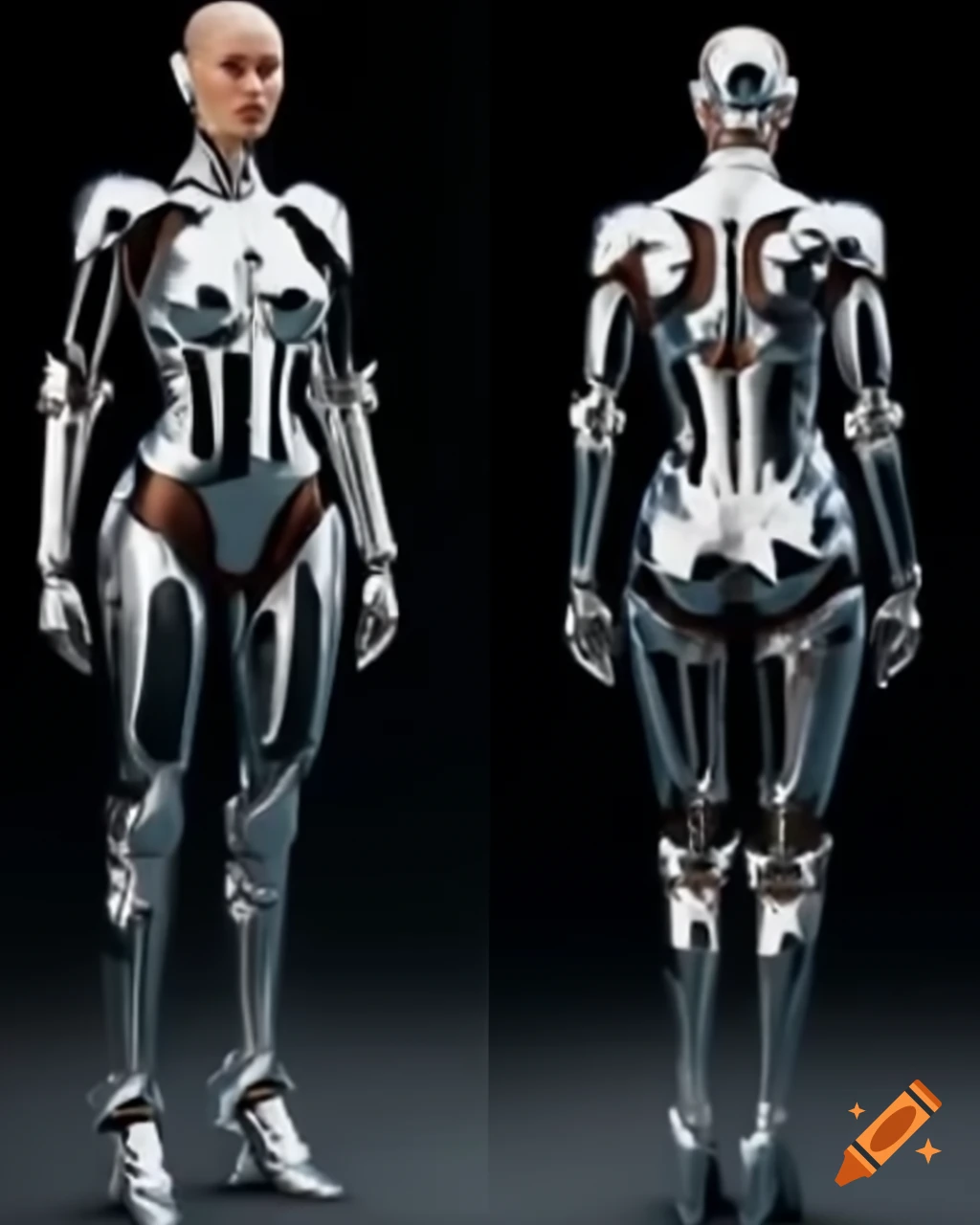 Female bionic armor suit in shiny chrome, detailed superhero design