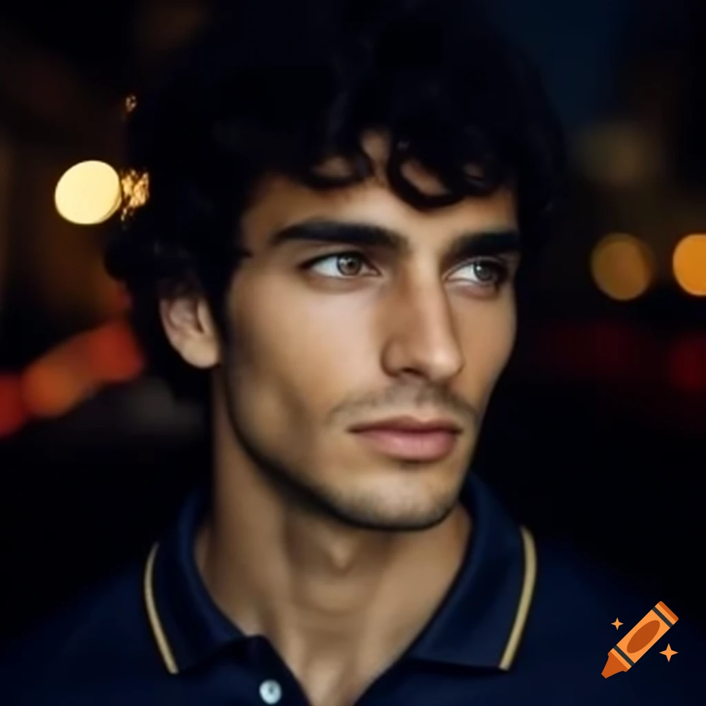 Handsome man with curly dark hair and large eyes wearing polo shirt in San Francisco at night