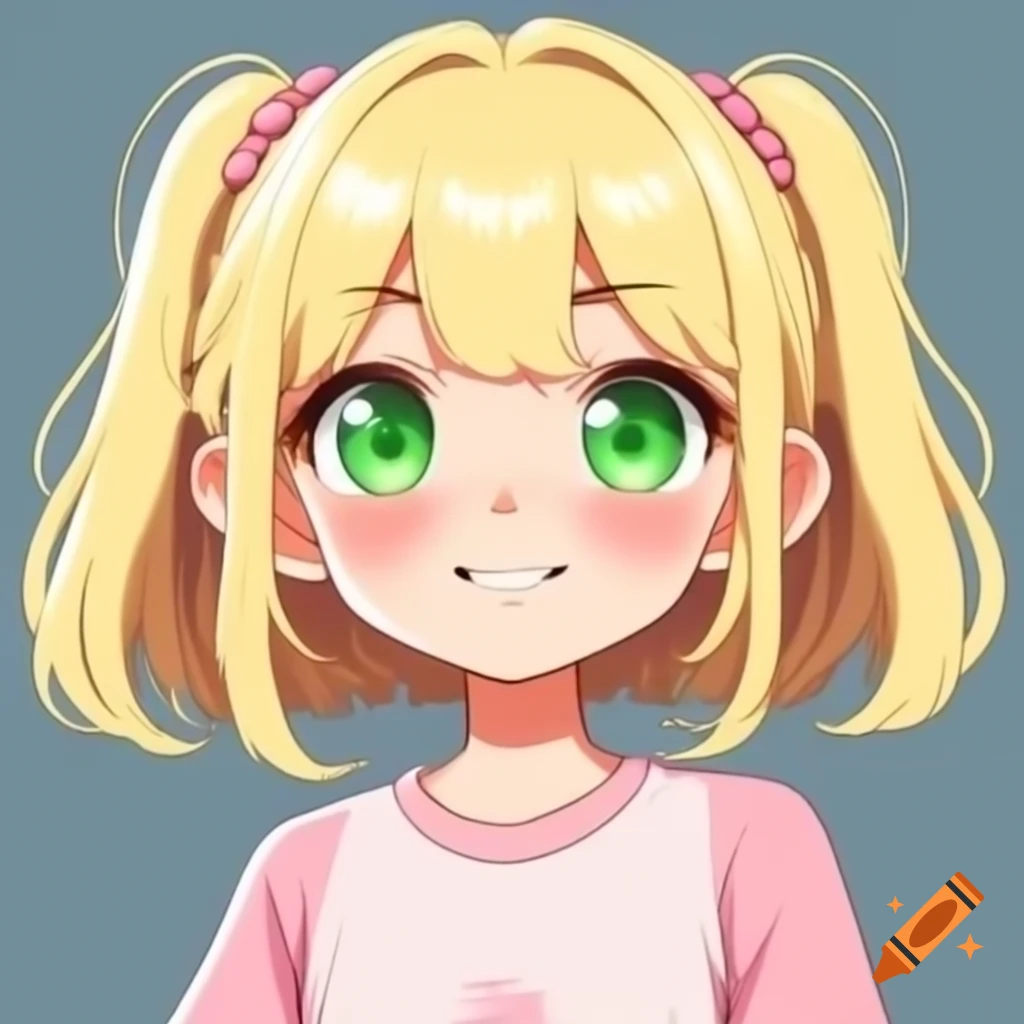 Anime girl with blonde hair and green eyes in light pink t-shirt, arms crossed