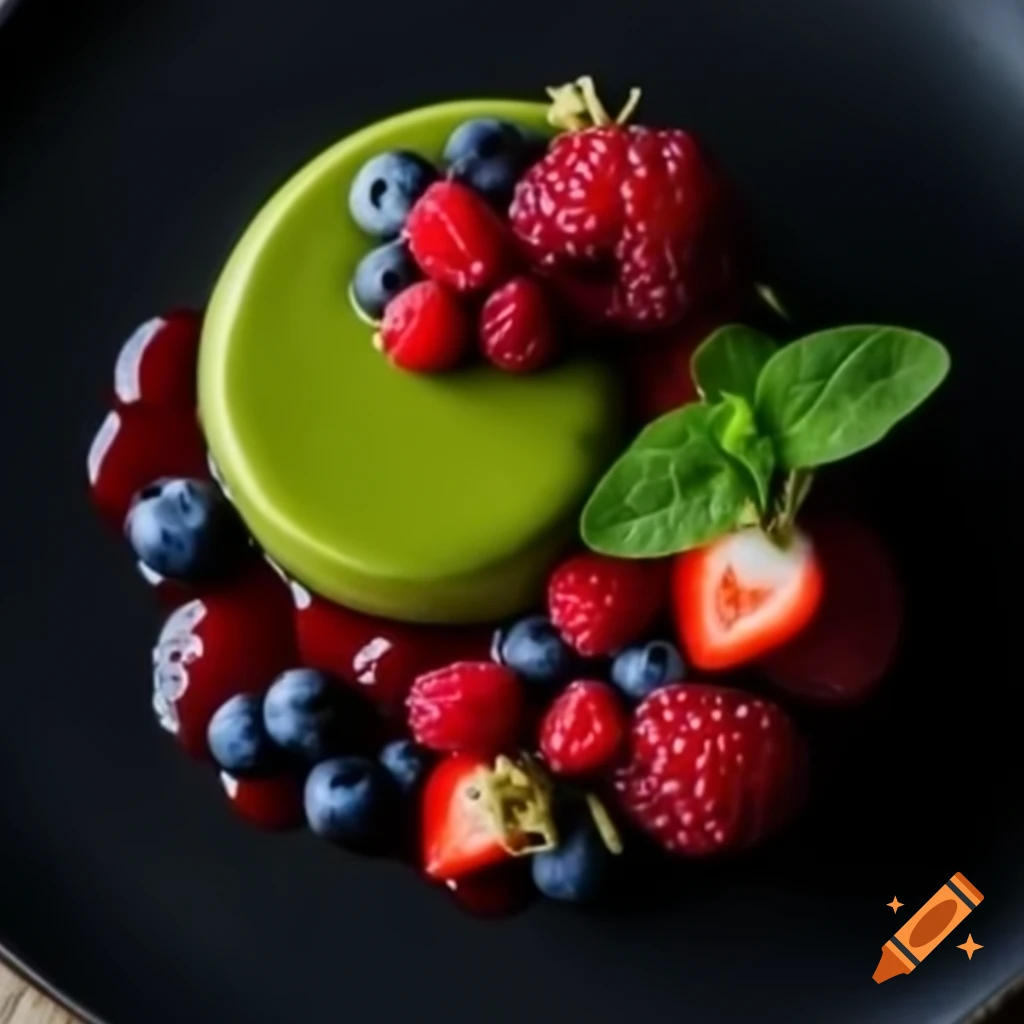 Matcha panna cotta with red bean compote and fresh berries on black background