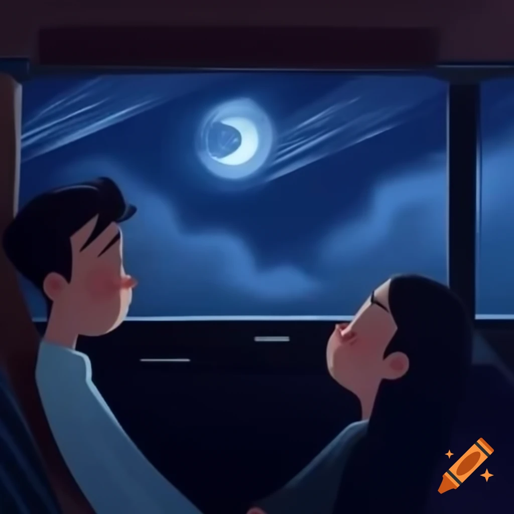 Couple in car observing raining night sky with moon and stars