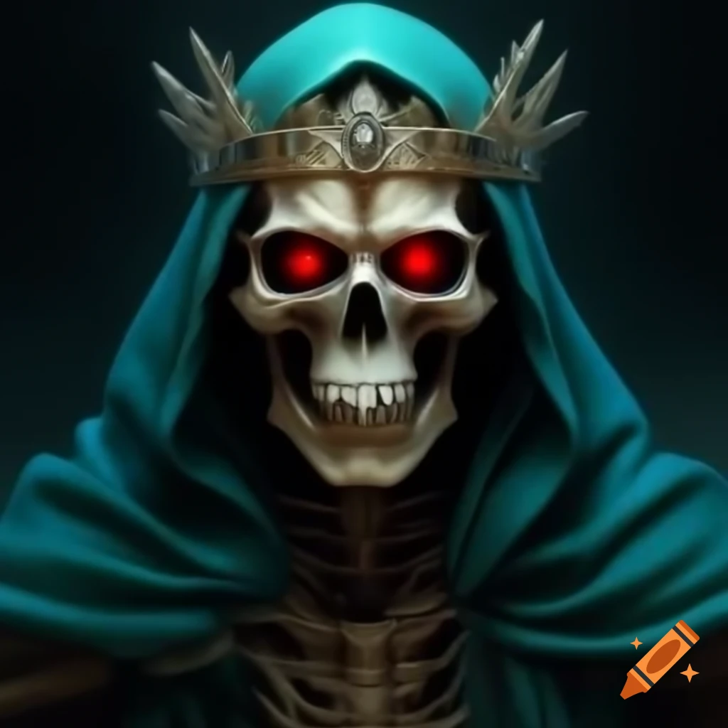 Skeleton with glowing red eyes in teal robe and bejeweled crown