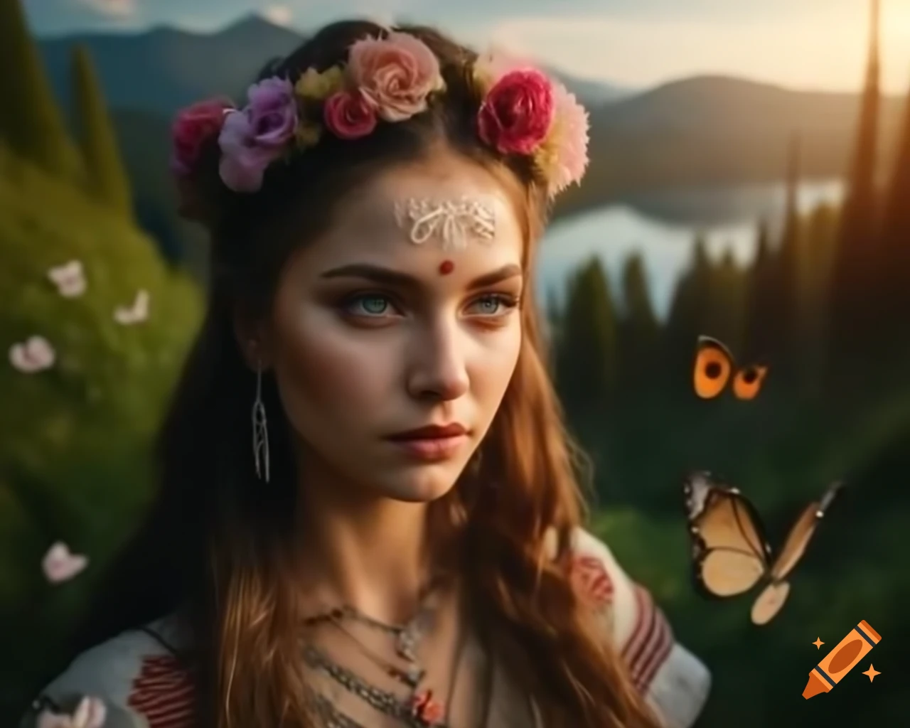 Hyperrealistic portrait of Slavic woman with flowers and butterflies in hair, deep eyes and freckles