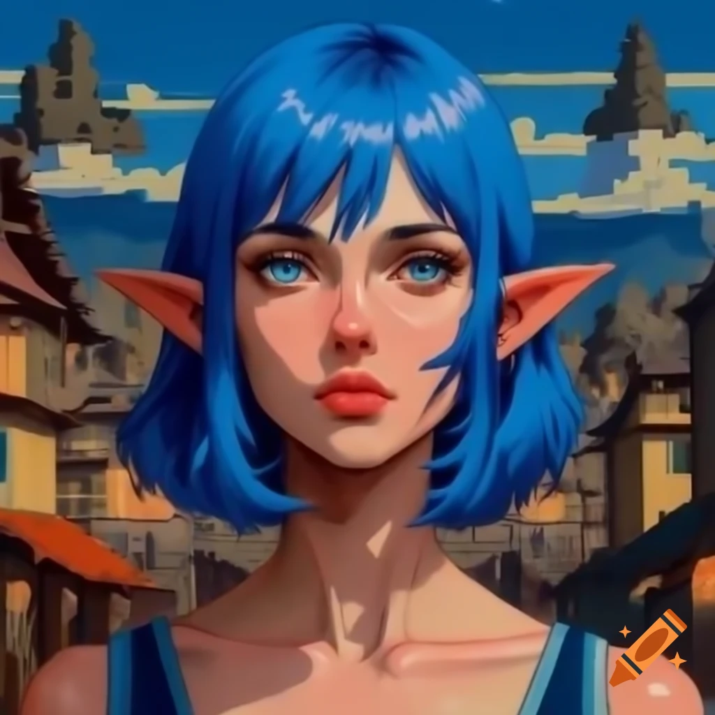 Blue-haired demi-elf portrait in retro impressionist pixelart style