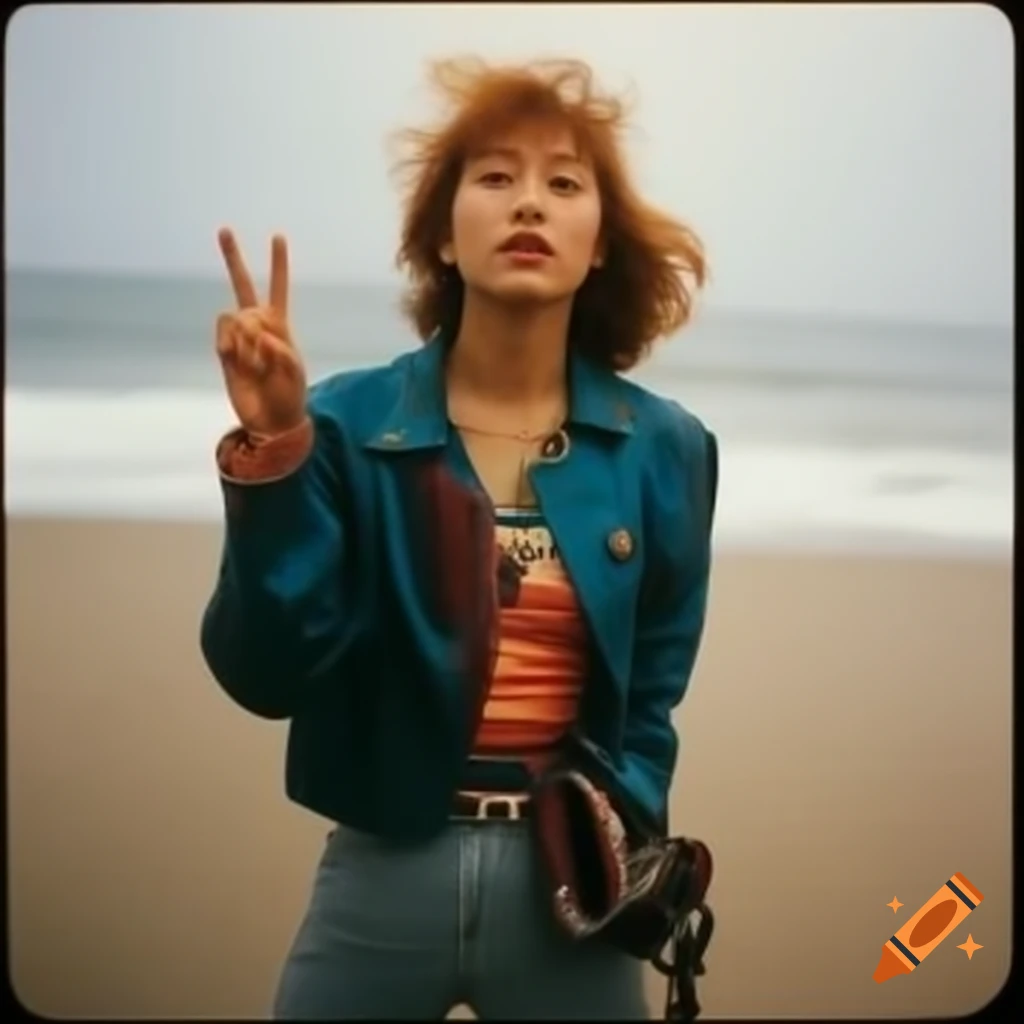 1980 vintage photo of Japanese idol in Harajuku style on palm beach