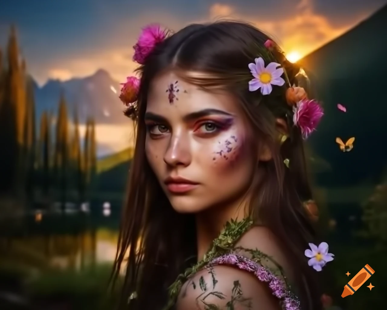 Hyperrealistic portrait of Slavic woman with flowers and butterflies in hair, deep eyes and freckles