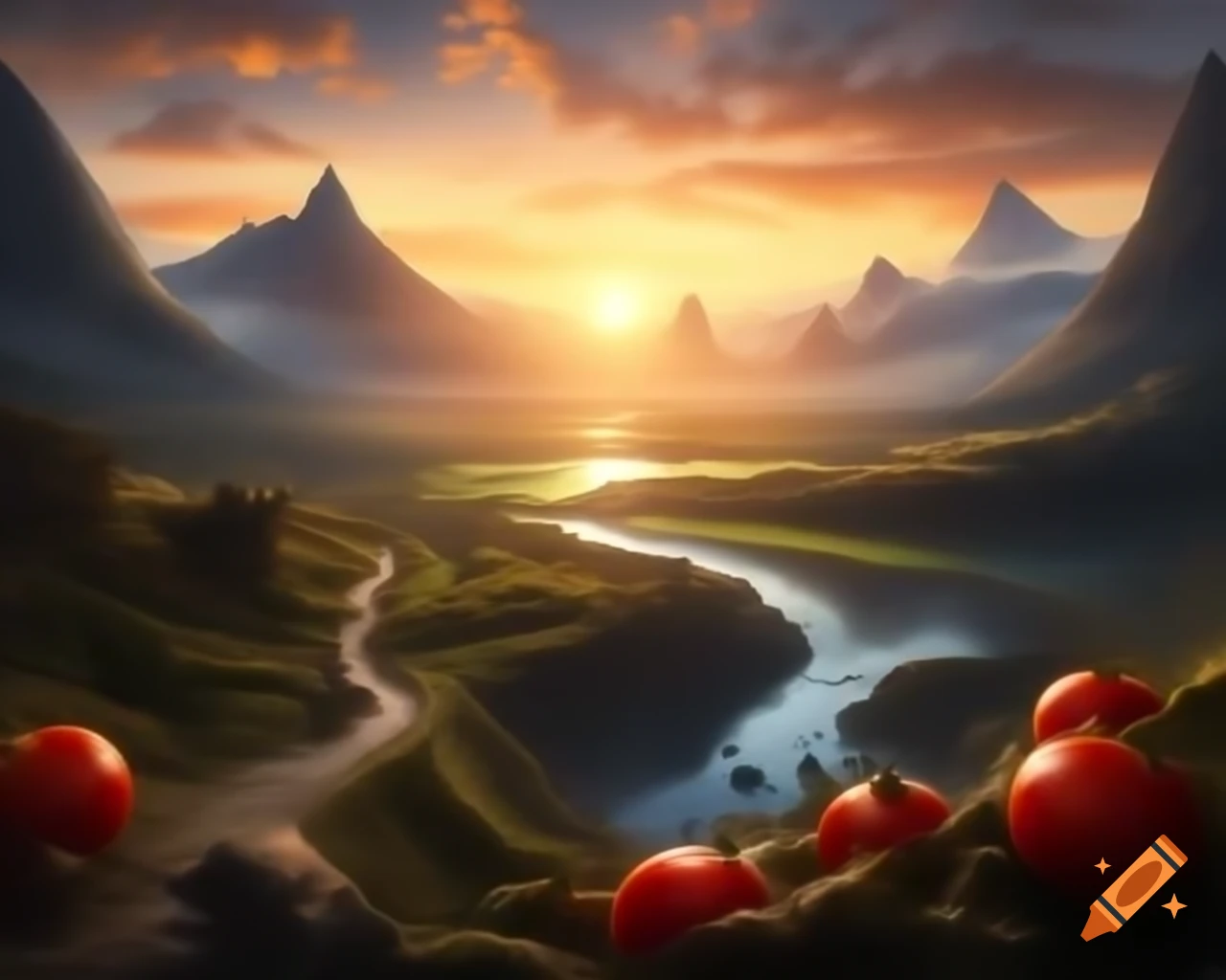 Legend of valley surrounded by ripe tomatoes and towering mountains