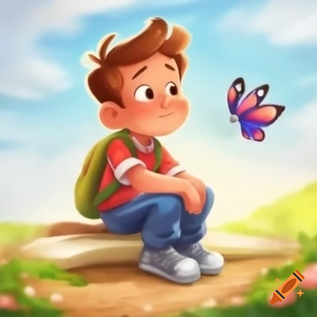 Child amazed by growth with butterfly and flowers