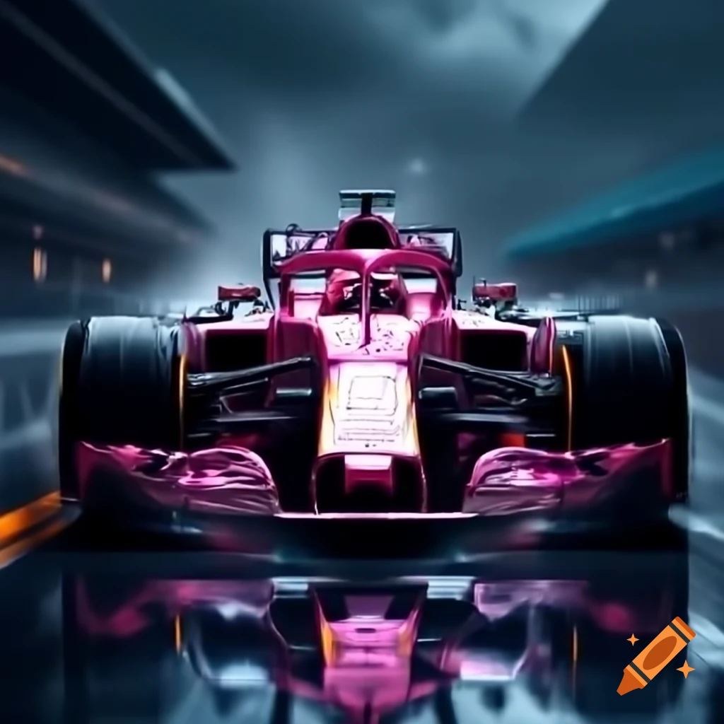 Pink shiny formula car racing on wet track in rain