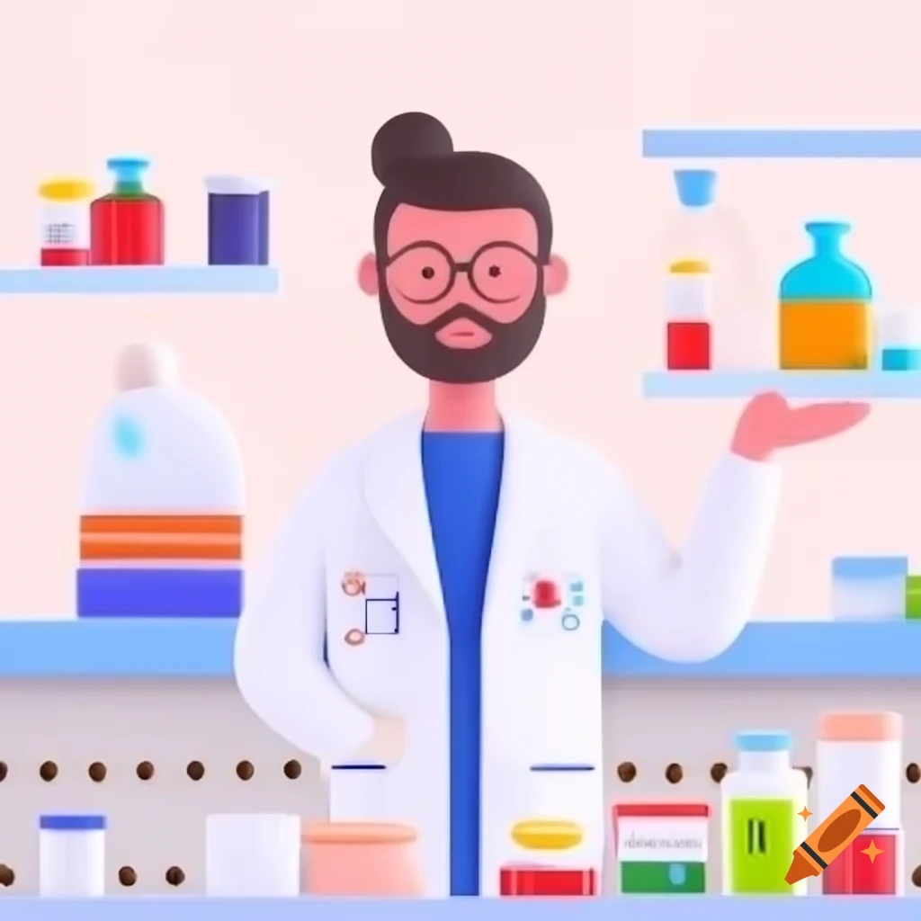 Extremely minimalist cartoon pharmacist with medicine