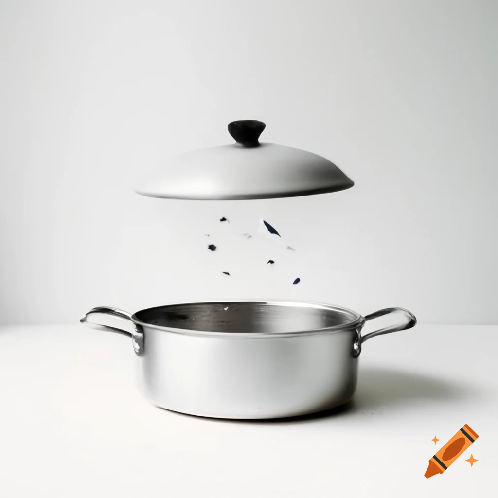 Minimalistic open cooking pot with floating lid on white background